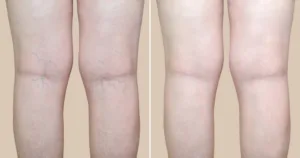Legs of a woman with varicose veins and capillaries before and after medical treatment
