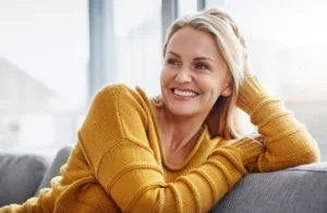 A woman sitting on the couch and smiling confidently.