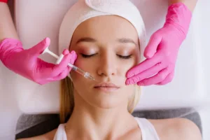 A woman receiving dermal filler in her lips and around her mouth.
