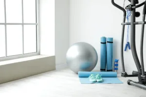 A physical therapy room with workout equipment along the wall of the room.